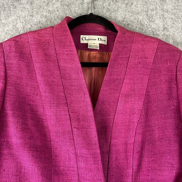 Vintage Christian Dior Silk Tweed Blazer Jacket Womens 14 Pink Gold Rhinestone - Picture 2 of 15